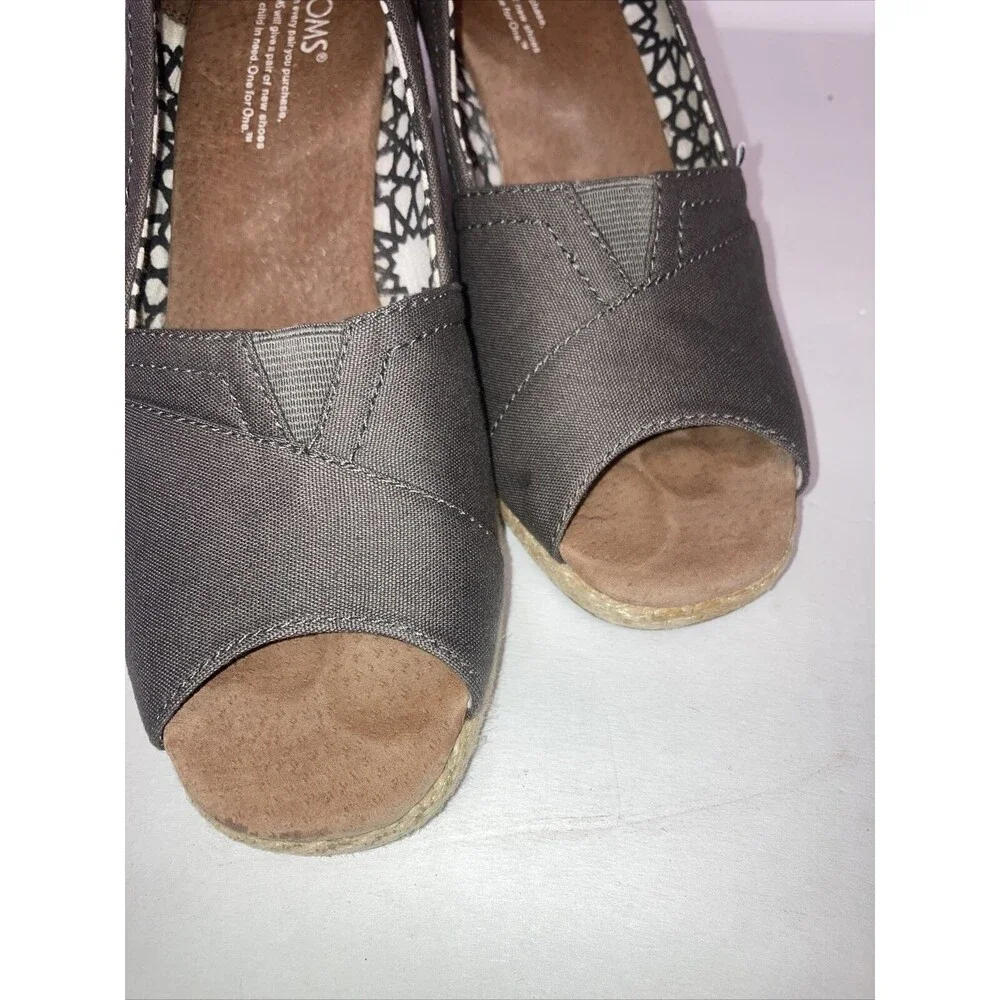 TOMS Calypso Grey Peep Toe Espadrille Wedge Canvas Sandals Heels Shoes Sz7